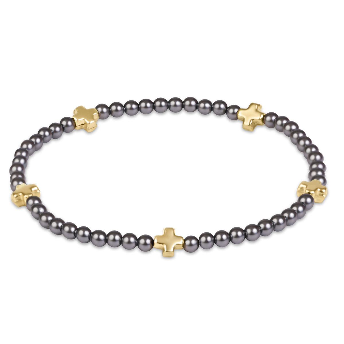 Signature Cross Small 3mm Pearl Dark Grey Bracelet - Gold