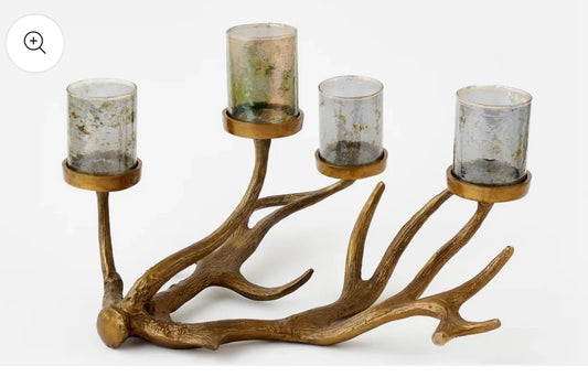 Antler Candle Holder w/glass shades, metal 18”